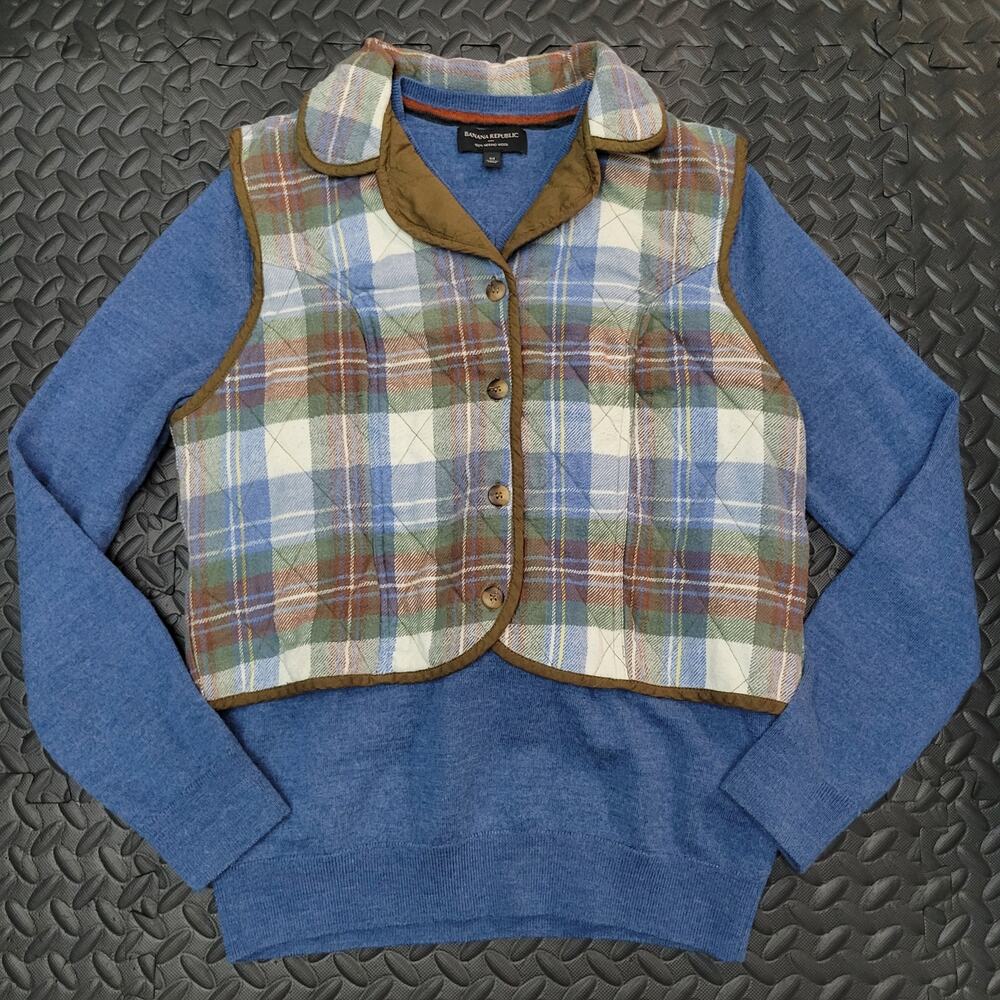 Banana Republic Merino Wool Sweater + Plaid Quilted Vest Bundle L Preppy
